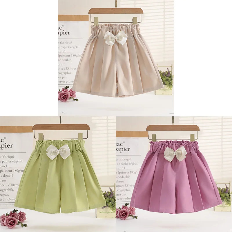 1/2/3 Pezzi Pantaloncini Larghi Estivi per Ragazze, Abbigliamento Casual da Esterno, Pantaloncini Sottili Traspiranti, Gonnellino con Fiocco, Abbigliamento Moda Bambina