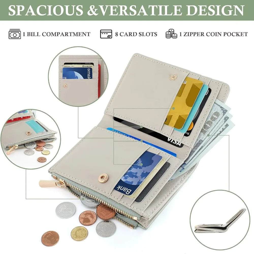 Portafoglio Sottile Bifold da Donna, Porta Carte in Ecopelle con Blocco RFID e Tasca Portamonete con Cerniera per Uso Quotidiano e Viaggi