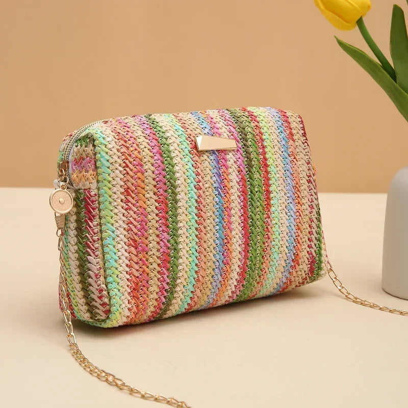 Borsa di paglia da donna in maglia di Rattan borsa da spiaggia con catena estiva piccola borsa e borsa a tracolla da donna borsa a tracolla con Design da viaggio
