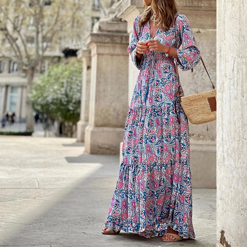 Abiti Estivi da Donna, Nuova Moda, Stampa Elegante, Scollo a V Sexy, Maniche Lunghe, Vita Alta Elasticizzata, Lunghezza Media, Stile Bohémien