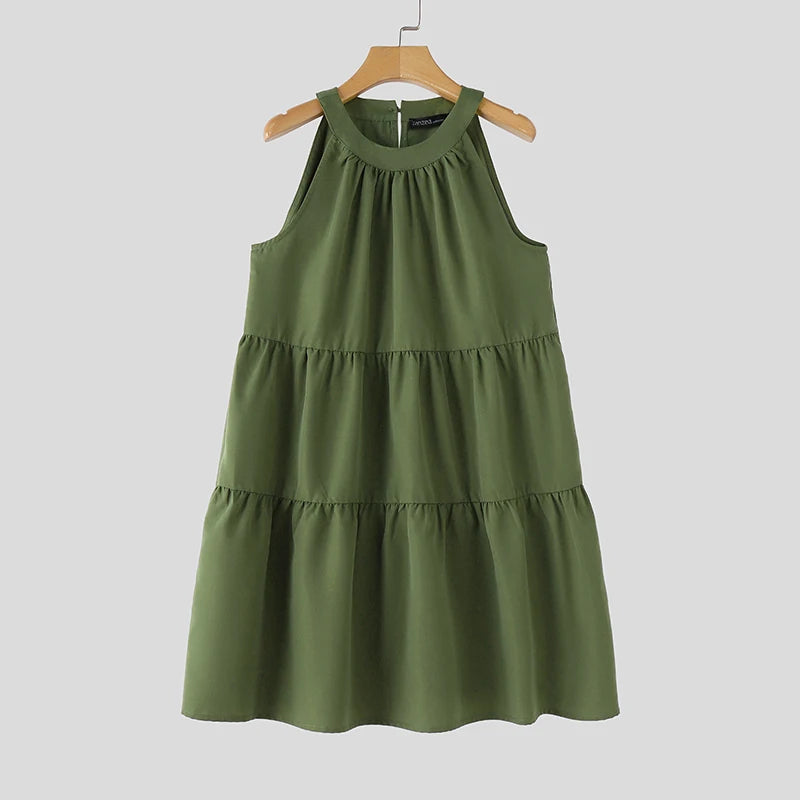 ZANZEA Abito estivo senza maniche a strati con scollo all'americana Donna Coreano con volant Patchwork Abito da spiaggia O-Collo Vestito estivo allentato Sweety Party Vestido