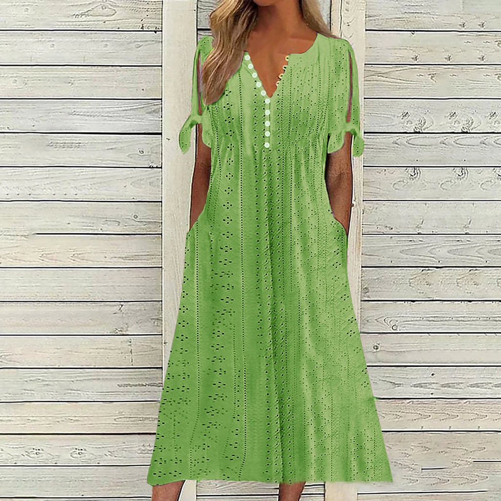 Abito Midi Estivo da Donna Boho con Occhielli e Spalle Scoperte, Maniche Corte, Scollo a V, Bottoni, Vestibilità Ampia, Stile Casual a Trapezio con Tasche