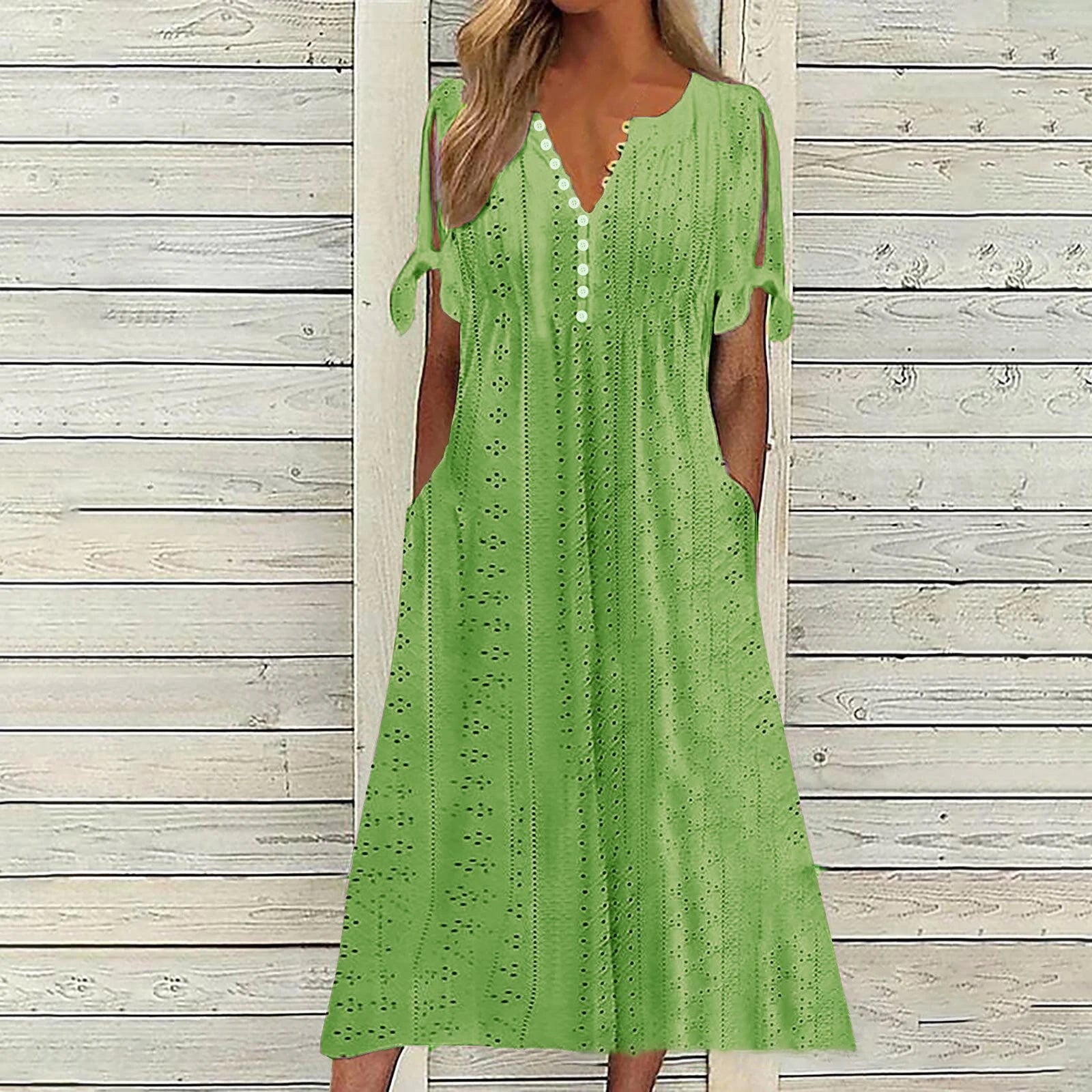 Abito Midi Estivo da Donna Boho con Occhielli e Spalle Scoperte, Maniche Corte, Scollo a V, Bottoni, Vestibilità Ampia, Stile Casual a Trapezio con Tasche