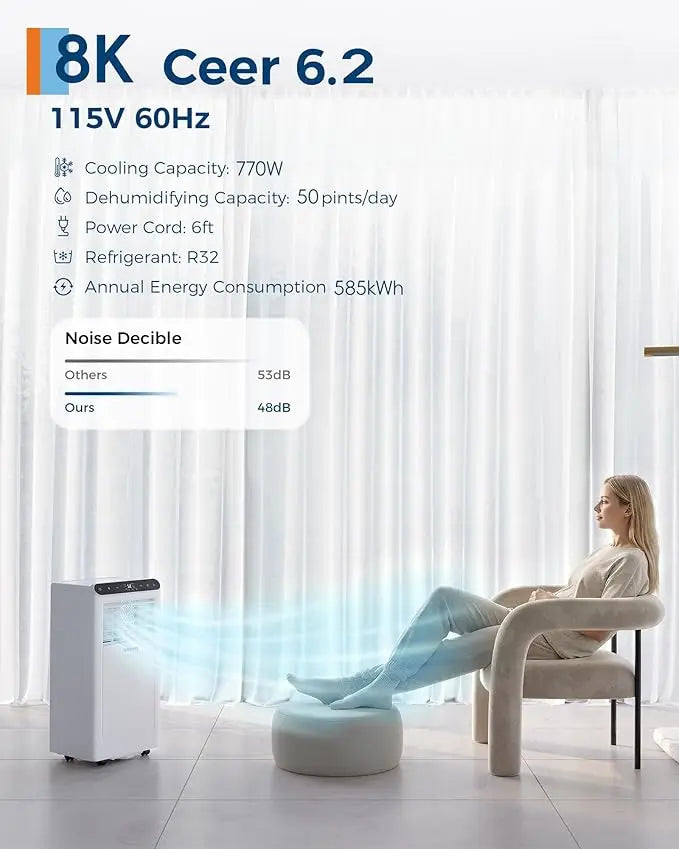 Condizionatore d'Aria Portatile da 8000 BTU, Silenzioso 3-in-1 per Interni con Funzioni di Raffreddamento, Deumidificazione, Timer 24H, Kit Completo per Finestre