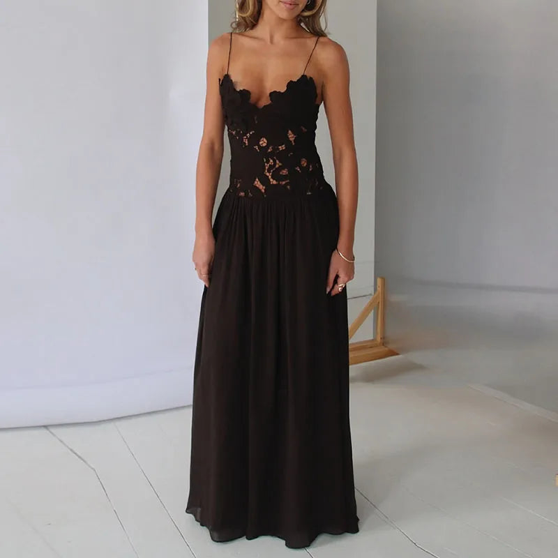 Abito Lungo Estivo Casual in Chiffon con Bretelle, Scollo a V Profondo, Senza Maniche, con Inserti in Pizzo, per Spiaggia e Feste, Primavera Estate