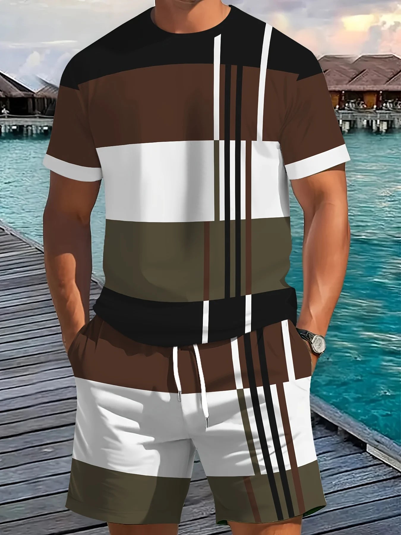 Nuovo arrivo estivo, completo casual da uomo in due pezzi, camicia a maniche corte con stampa a righe e pantaloncini sportivi, set fitness da uomo
