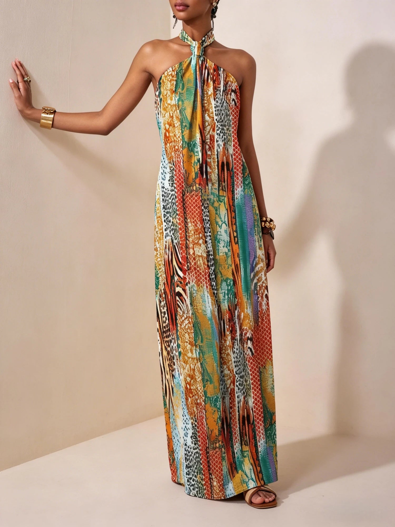 Abito lungo da donna con scollo all'americana e stampa, senza maniche, vestibilità ampia, stile bohémien, casual, per vacanze primaverili ed estive, outfit da spiaggia