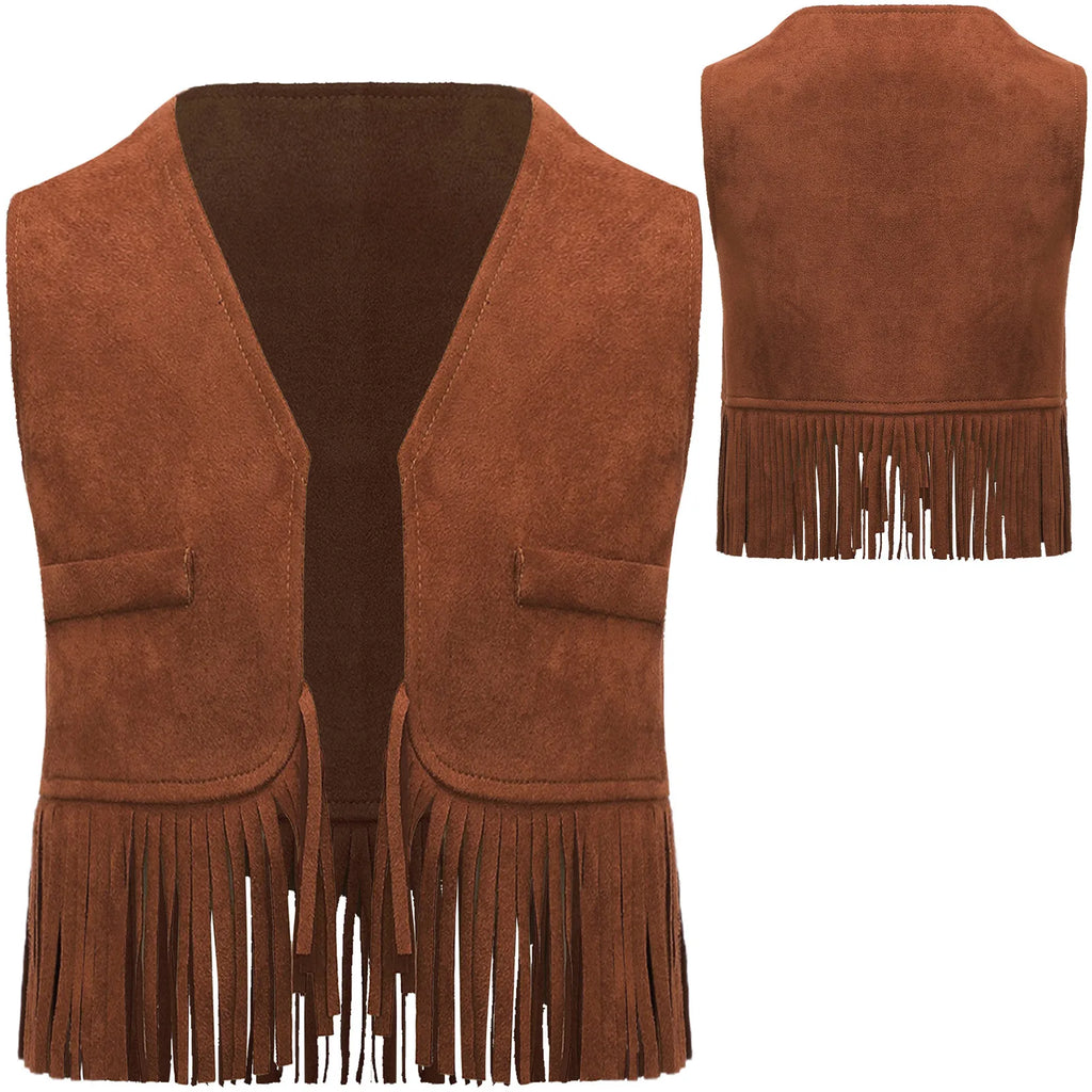 Costume cosplay da cowgirl da cowboy occidentale per feste a tema di carnevale di Halloween con nappe in pelle scamosciata vintage per bambine e ragazze