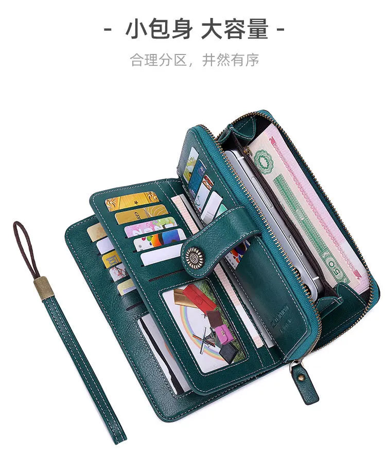 Borsa a mano in pelle cerata con blocco RFID, porta carte di credito multifunzionale a doppia piega, portafoglio da donna lungo retrò di grande capacità