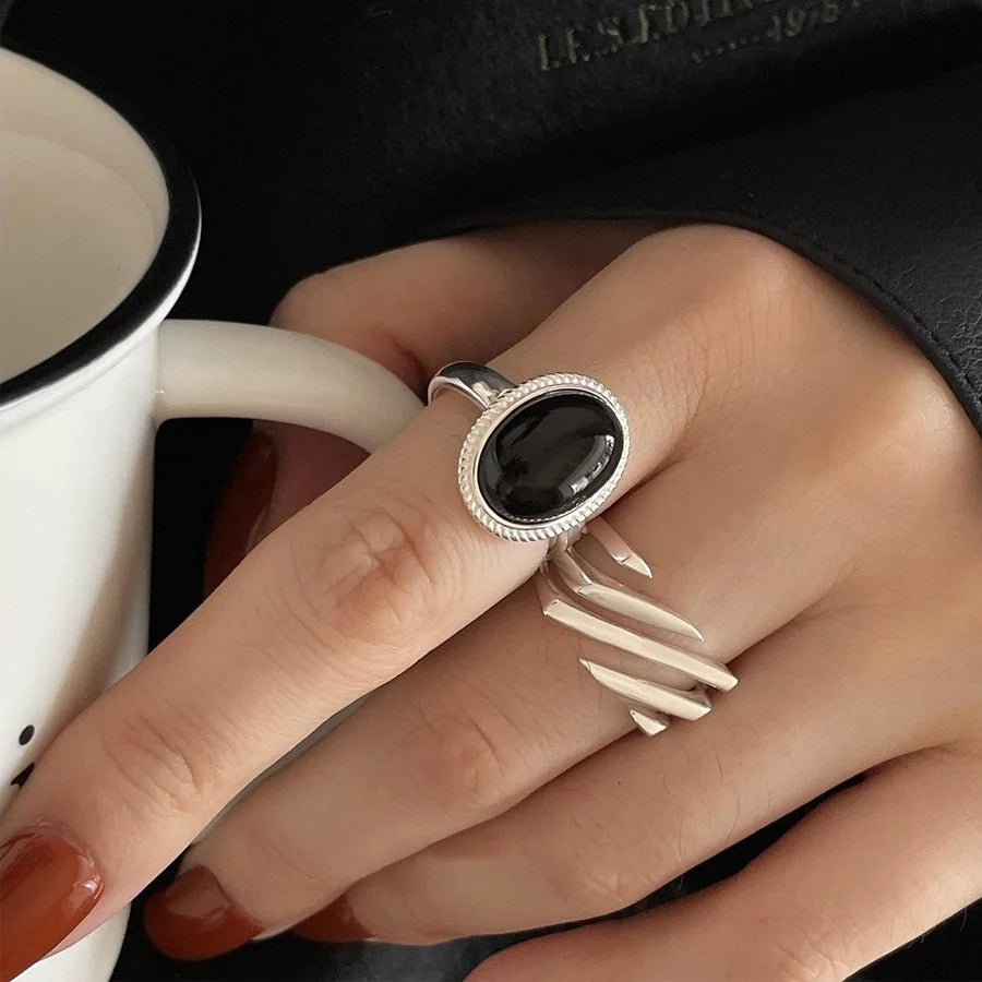 PANJBJ 925 anelli in pietra nera geometrica in argento sterling per le donne ragazza coreana semplice regolabile coppia gioielli Dropshipping