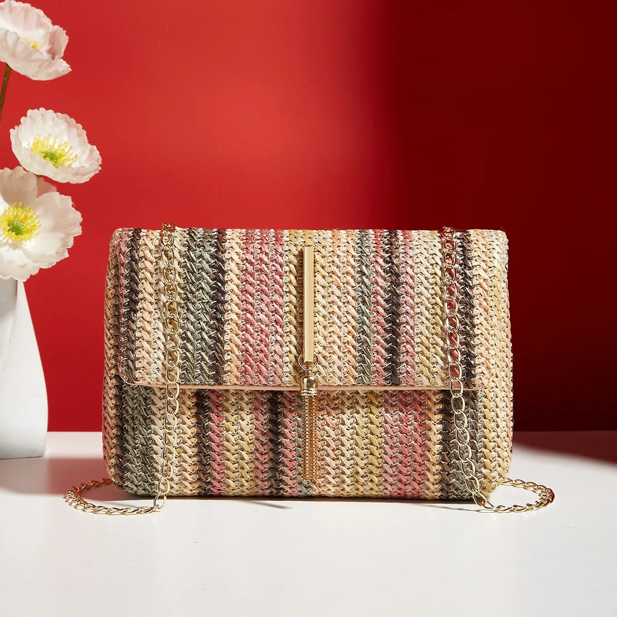 Borsa da donna in paglia lavorata a maglia in rattan a righe multicolori con borsa a catena Borse a tracolla da donna Borsa con patta dal design da viaggio