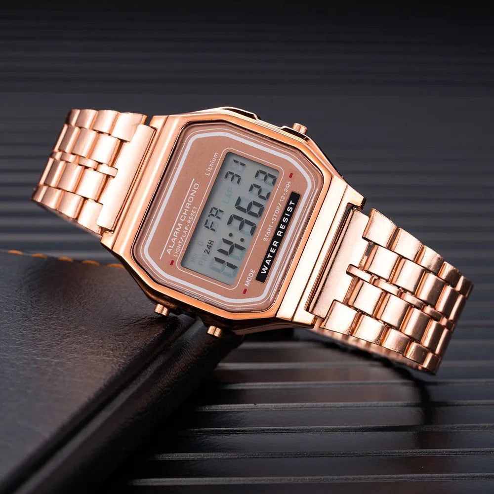 Elegante orologio digitale da donna Orologio da polso elettronico da donna d'affari in acciaio inossidabile oro argento Orologio da uomo Zegarek Damski