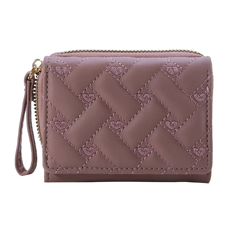 Portafoglio da donna per pelle PU moda ricamato amore tri-fold piccolo portafoglio porta carte portamonete multi-slot per carte interno rosa