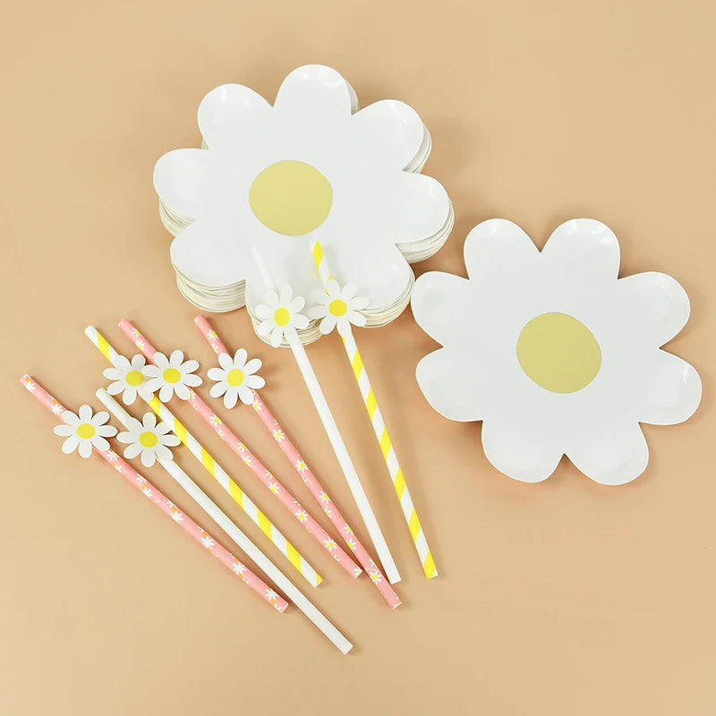 Daisy Flower Piatti da tavola usa e getta Cannucce Tovaglioli Banner Matrimonio Baby Shower Decorazione Forniture per feste di compleanno