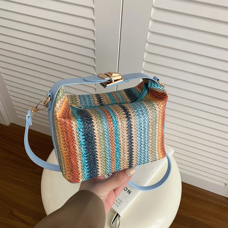 Borsa a tracolla a tracolla in tessuto colorato, borsa a tracolla da donna in stile etnico con griglia di colore a contrasto arcobaleno, pochette in paglia di rafia Boho