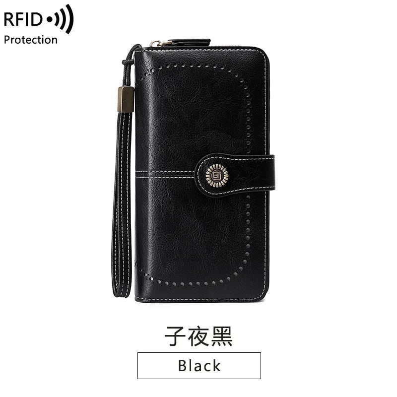Borsa a mano in pelle cerata con blocco RFID, porta carte di credito multifunzionale a doppia piega, portafoglio da donna lungo retrò di grande capacità