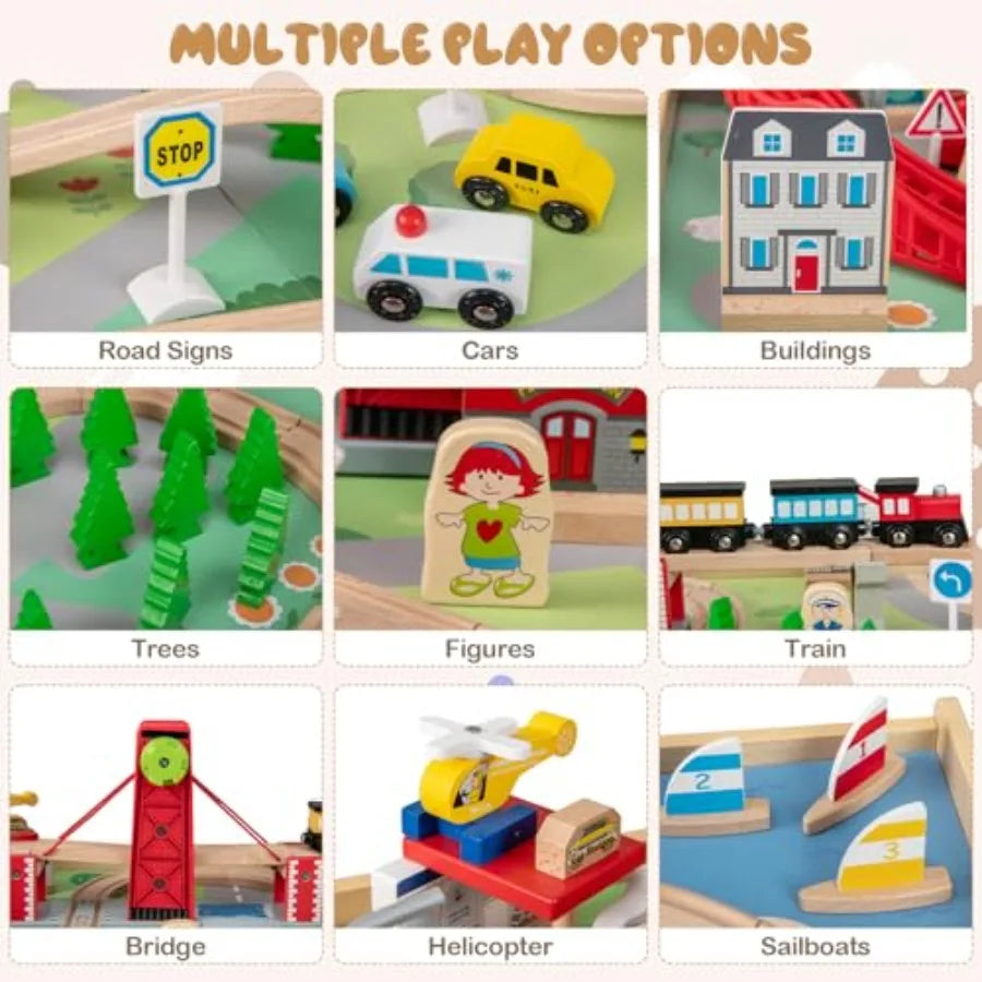 Tavolo da Gioco 3-in-1 in Legno con 3 Contenitori, Pista Reversibile da 94 Pezzi e Mappa per Costruire e Giocare