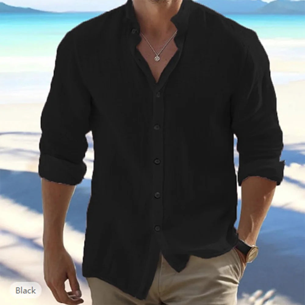 Camicie a maniche lunghe da uomo in lino di cotone vendita calda tinta unita estiva colletto rialzato stile spiaggia casual taglie forti