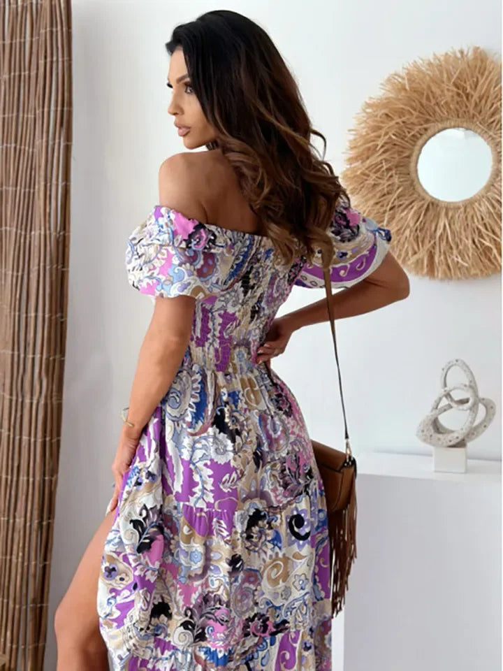 Abito bohémien estivo Abito da spiaggia pieghettato a vita alta con spalle scoperte Abito lungo a maniche corte stampato con motivo vintage Vestido
