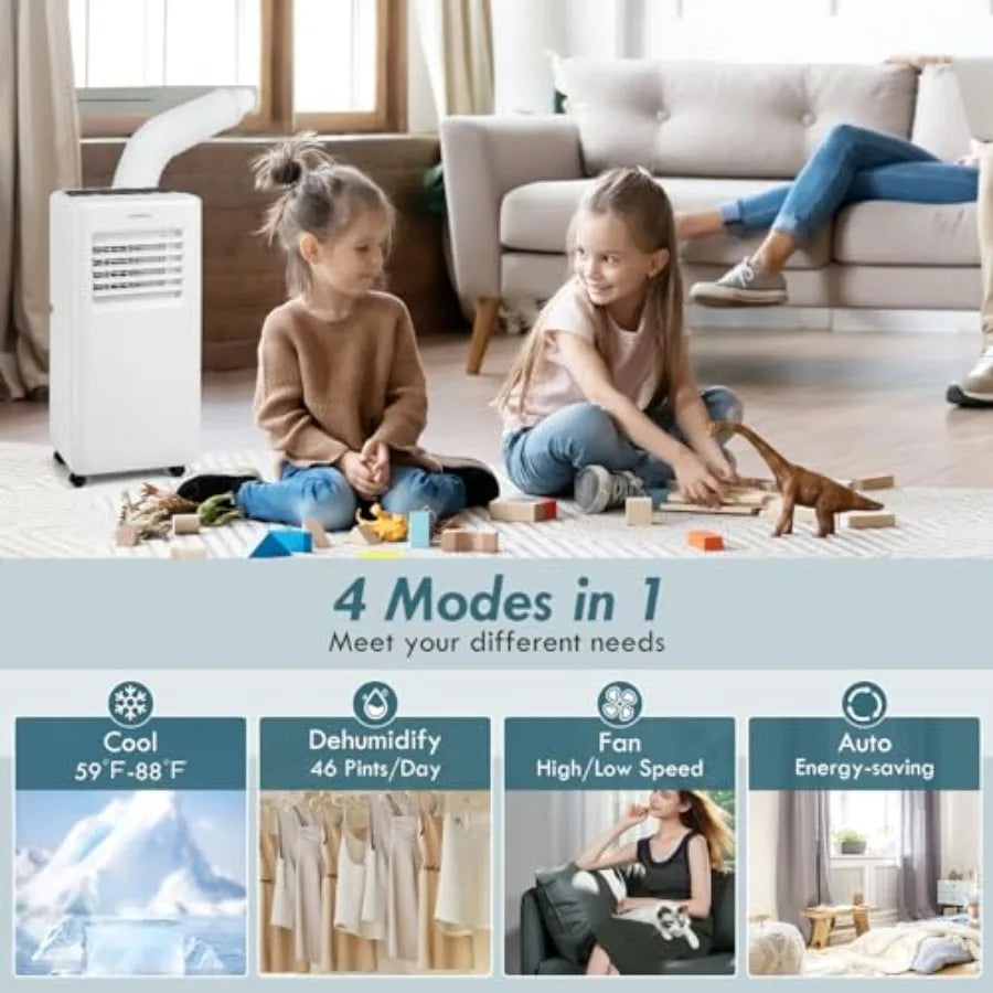 Condizionatore d'aria portatile per uso domestico, corpo in plastica ABS, colore bianco, raffreddamento da 8000 BTU con ventola e deumidificatore, modalità sleep intelligente