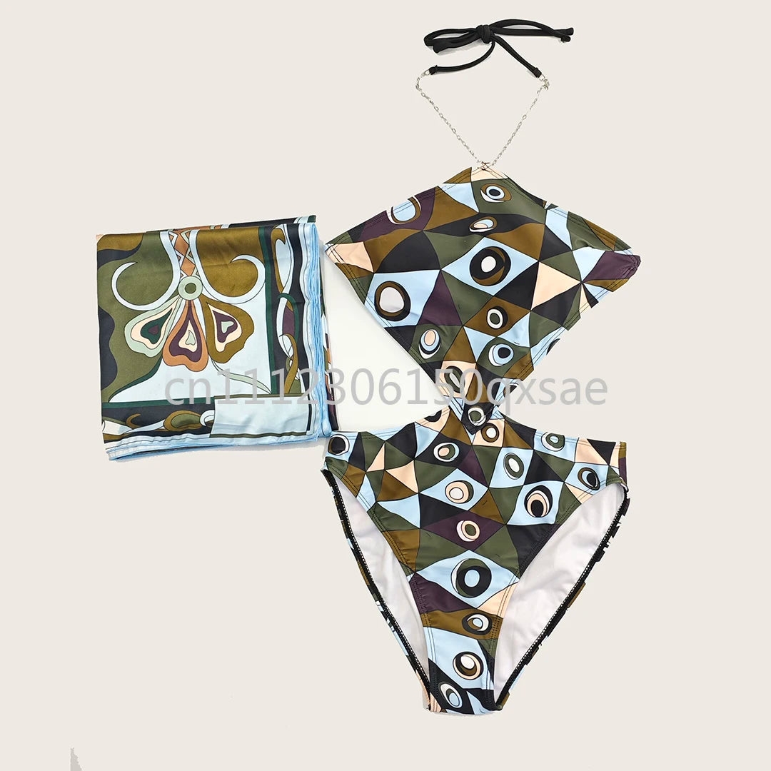 Costumi da bagno da donna rosa con foulard e logo a lettere, set bikini con foulard e fascia per capelli, abbigliamento da spiaggia