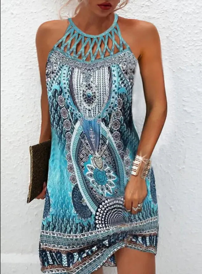 Abito Boho sexy per donna Mini abito da spiaggia Abito alla moda Donna Estate senza maniche Hollow Elegante abito da festa Stampa Vestido 2023