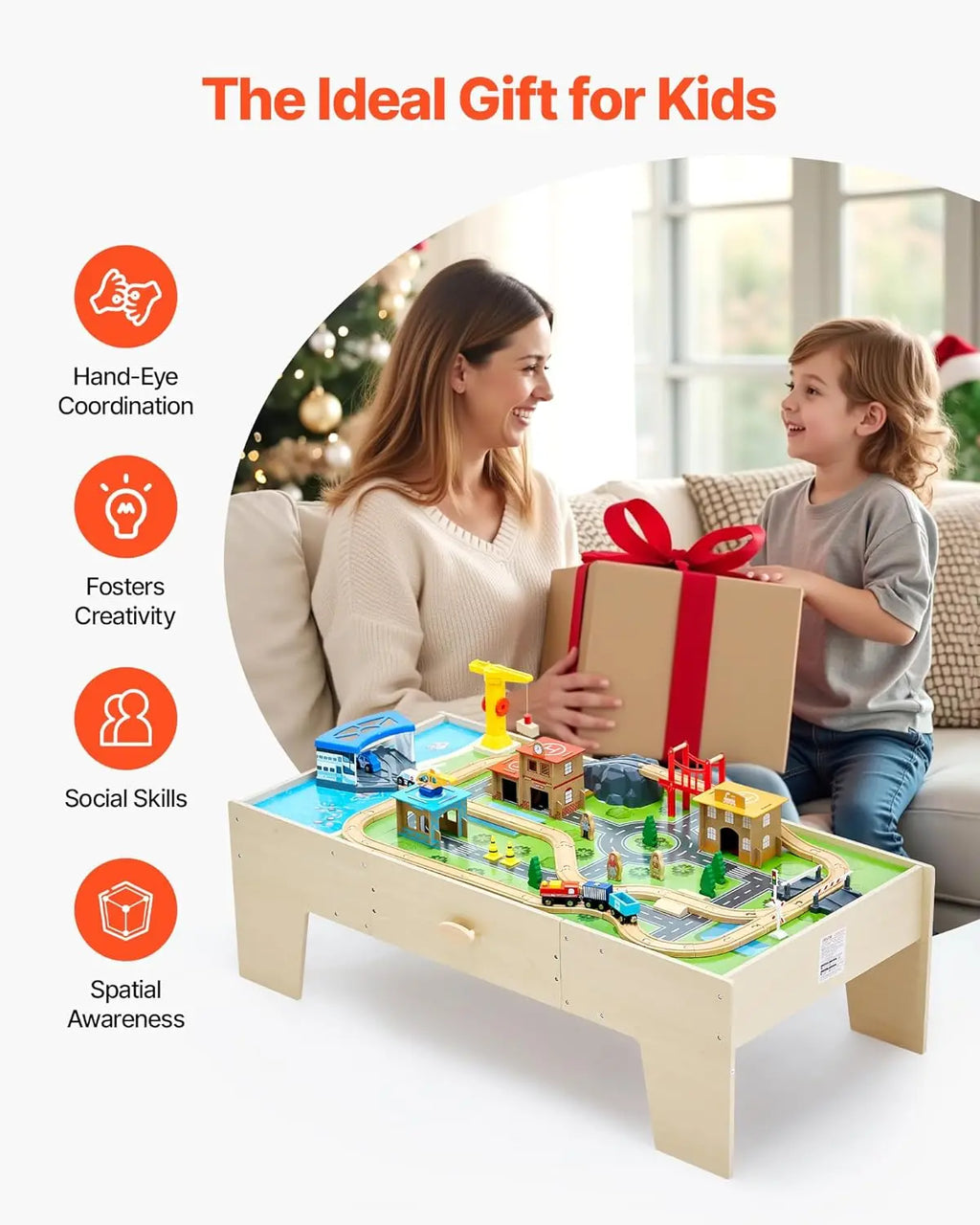 Tavolo da treno, tavolo da attività per bambini in legno da 62 pezzi multicolori con ampio cassetto portaoggetti, set di treni in legno 3 in 1 per giocare, Dra