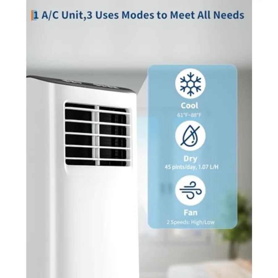 Condizionatore d'aria portatile per uso domestico, struttura in alluminio, bianco, capacità di raffreddamento di 8000 BTU con modalità 3 in 1: raffreddamento/deumidificazione/ventilazione