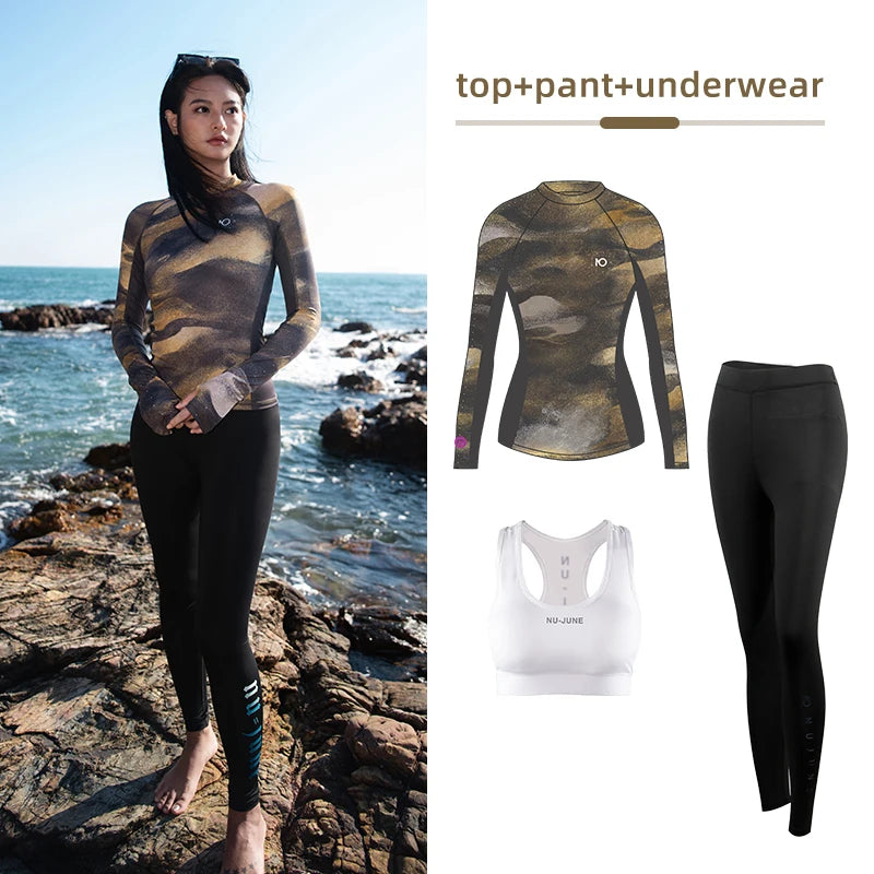 Nuovo Set Rashguard da Donna Nu-June a Maniche Lunghe ad Asciugatura Rapida con Protezione UV, Top da Nuoto con Pantaloncini, Costume da Spiaggia, Surf e Immersione