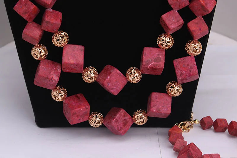 Dudo Jewelry Big Coral Beads African Jewelry Set 3 Layers Bracelet Earrings And Necklace Set Costume Jewelry