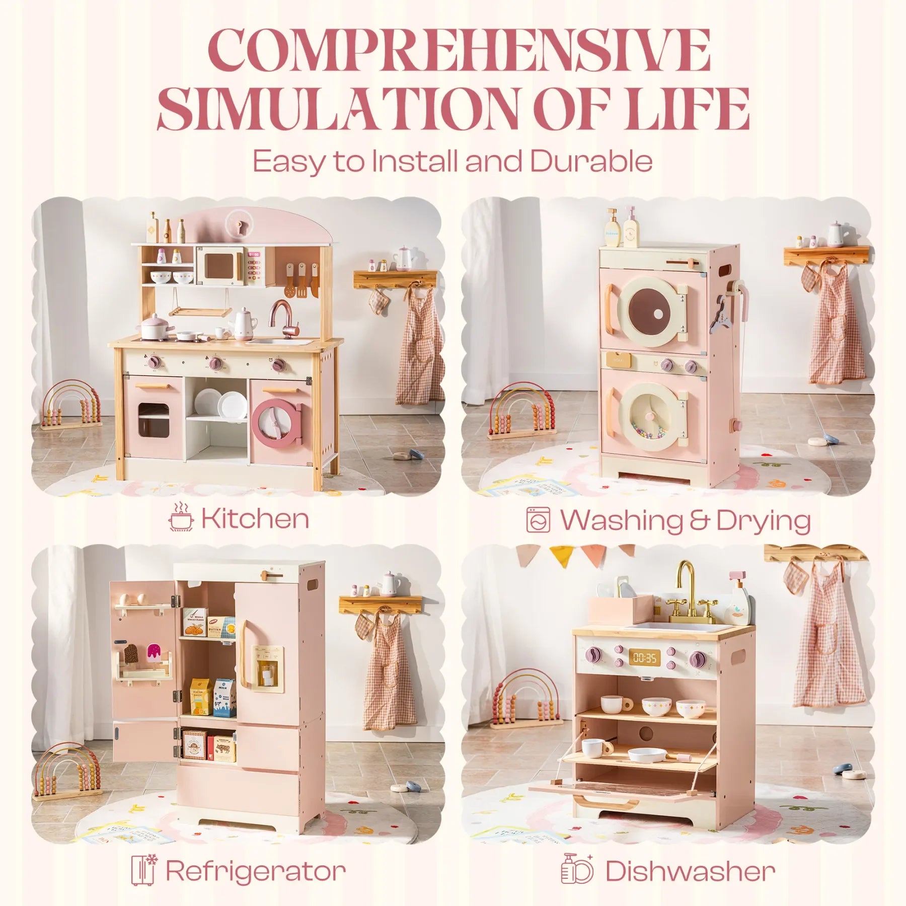 Robotime Robud Set da gioco da cucina ad angolo per bambini Set da cucina in legno con suono realistico Fai finta di giocare regalo per ragazzi e ragazze Rosa