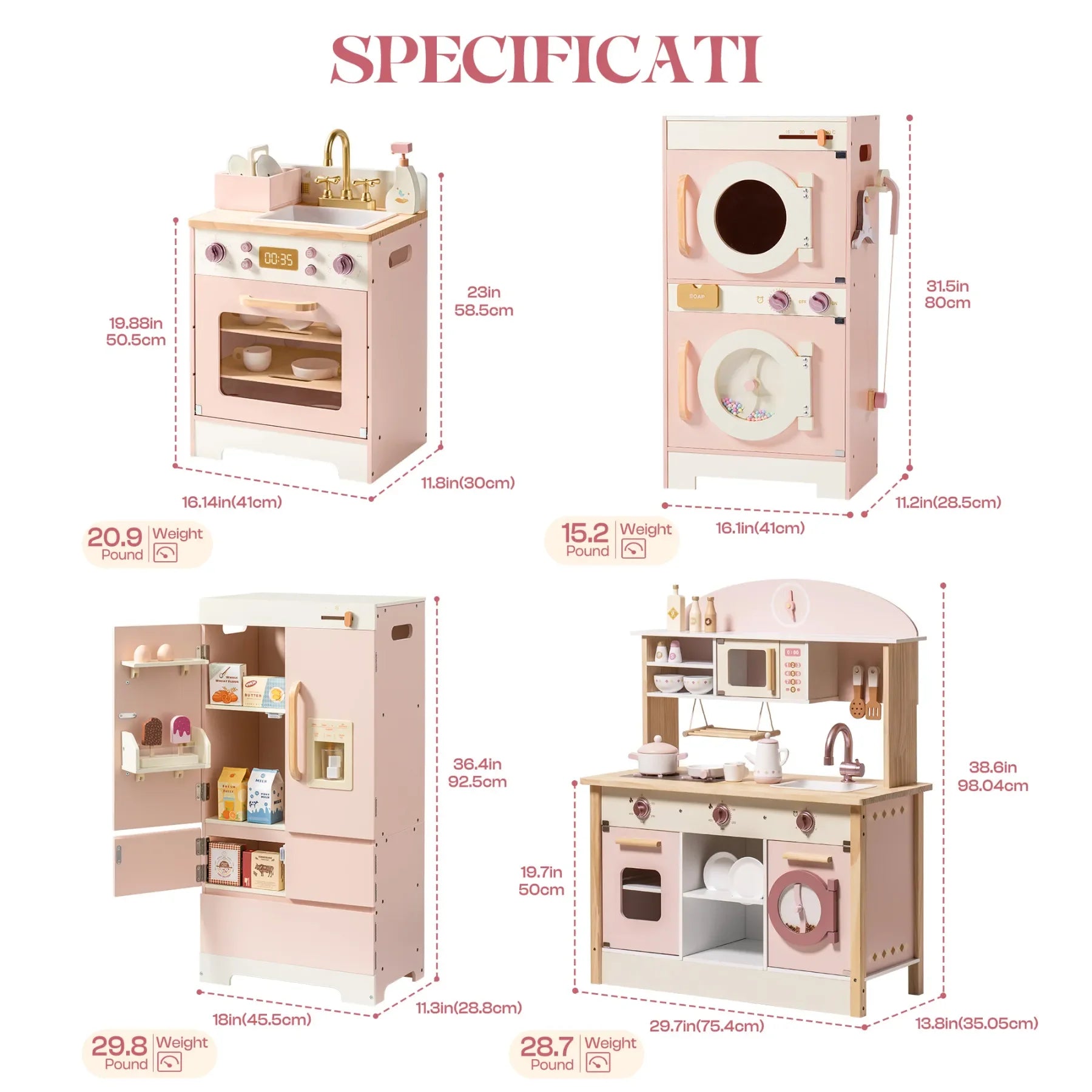 Robotime Robud Set da gioco da cucina ad angolo per bambini Set da cucina in legno con suono realistico Fai finta di giocare regalo per ragazzi e ragazze Rosa