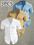 Set di 3 Camicie da Uomo alla Moda, Casual, Manica Corta, Colletto Rialzato, Bottoni, per Estate e Vacanze al Mare