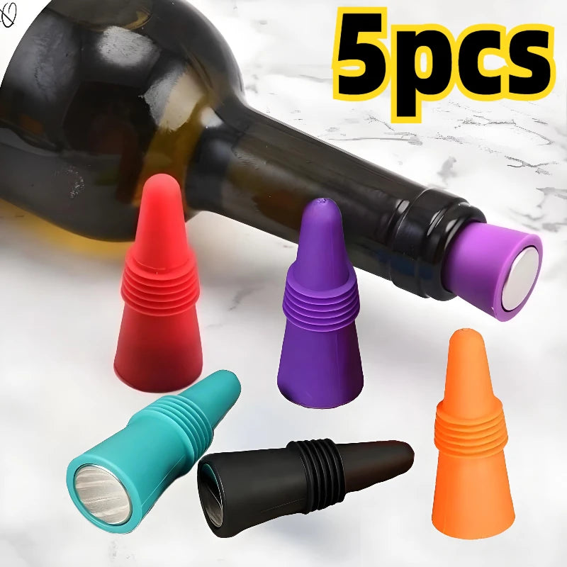 5 pezzi in silicone per vino e bevande, set di tappi per bottiglie di champagne, tappi sigillanti, tappo in sughero per vino, strumento per vino da bar
