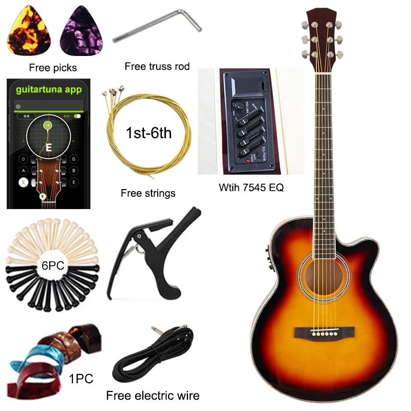 Chitarra elettrica acustica a corpo sottile Chitarra per principianti con Gig Bag gratuito Corda libera Colore bianco naturale Sunburst nero