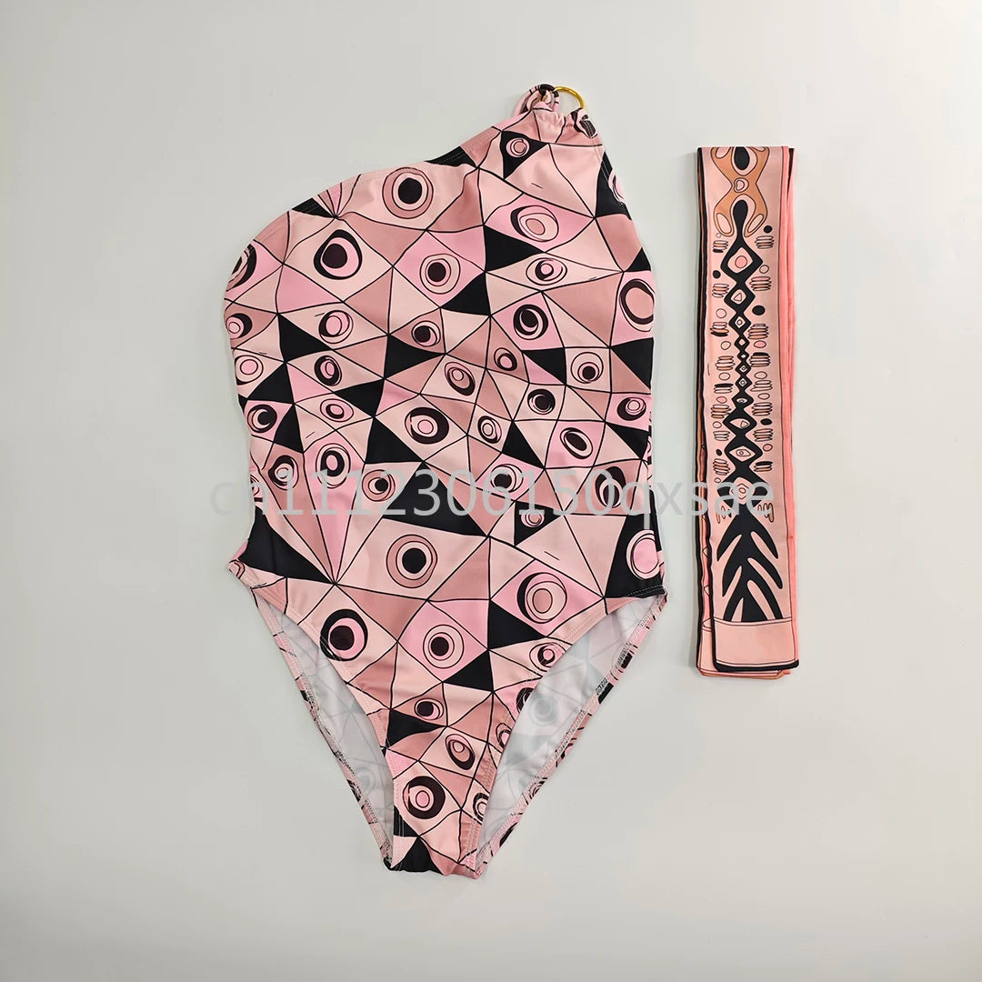 Costumi da bagno da donna rosa con foulard e logo a lettere, set bikini con foulard e fascia per capelli, abbigliamento da spiaggia