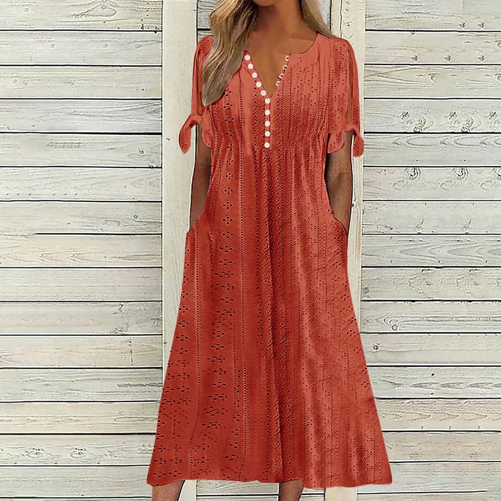 Abito Midi Estivo da Donna Boho con Occhielli e Spalle Scoperte, Maniche Corte, Scollo a V, Bottoni, Vestibilità Ampia, Stile Casual a Trapezio con Tasche