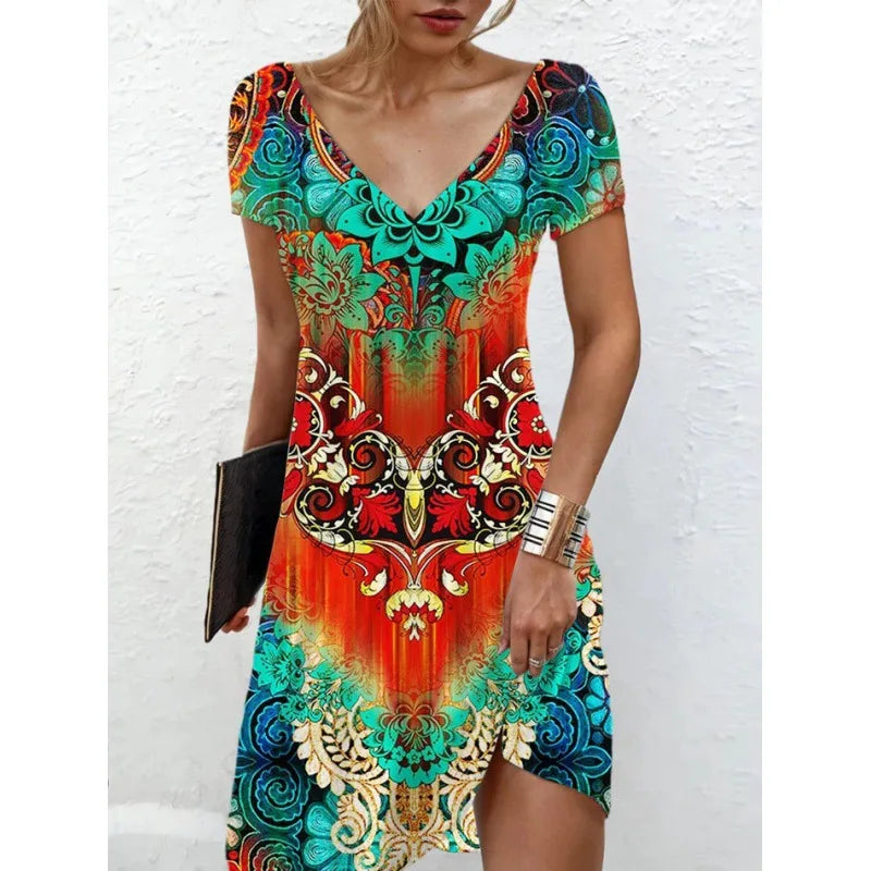 Abiti da donna 2026 estivi casual con stampa floreale e geometrica, vestito lungo a maniche corte, abbigliamento femminile, vestiti