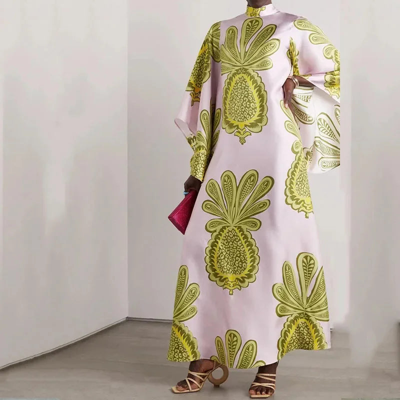 Elegante Abito Lungo a Maniche Lunghe per Feste, Vestito Vintage con Stampa Floreale, Abito Bohémien da Donna con Collo Alto e Vita Alta