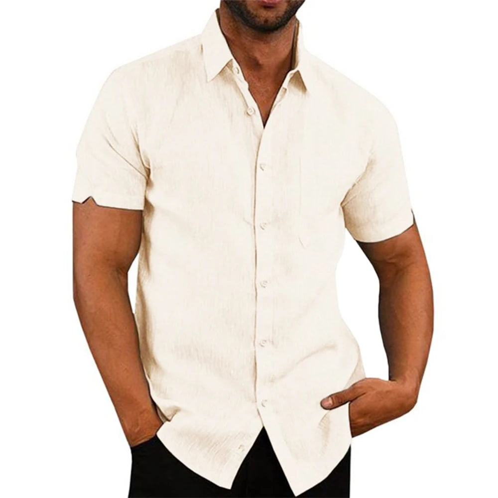 Camicie a maniche corte da uomo in lino di cotone vendita calda tinta unita estiva colletto rovesciato stile spiaggia casual taglie forti