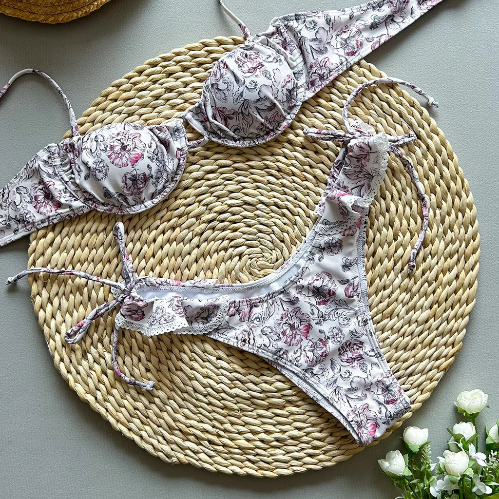 Push Up Bikini Donne Sexy Costumi da bagno Costumi da bagno femminili 2025 Bikini Set Costume da bagno floreale Costumi da bagno Beachwear Ruffle Biquini