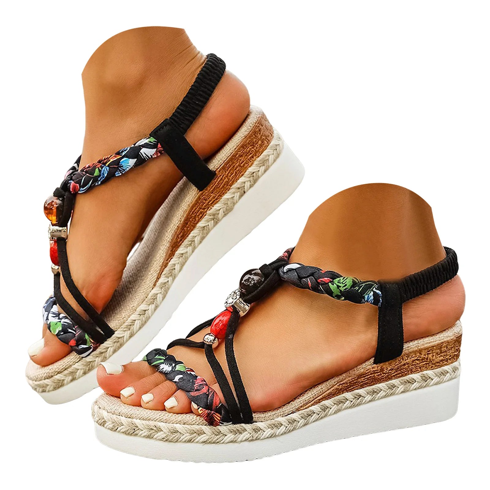 Sandali da donna con suola spessa, stile bohémien, alla moda, casual, con cinturino intrecciato, a bocca di pesce, colorati e graziosi