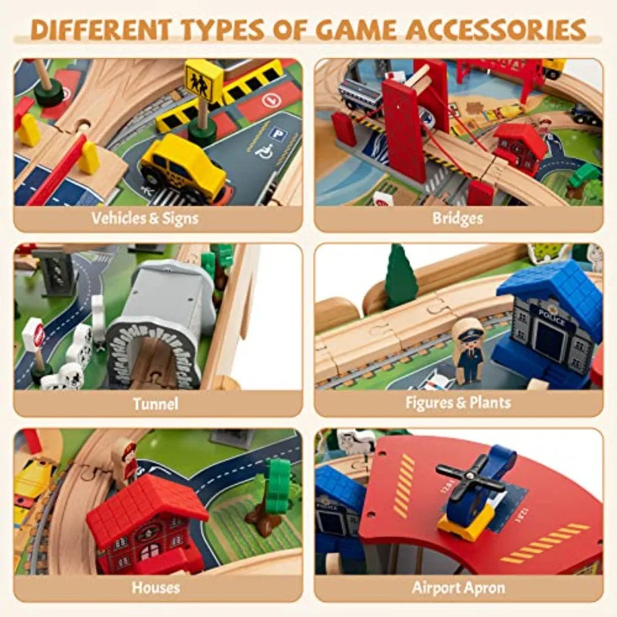 Tavolo ferroviario per la stanza dei giochi dei bambini, in legno con finitura naturale, dotato di piano ribaltabile, cassetto portaoggetti e tracciato ferroviario.