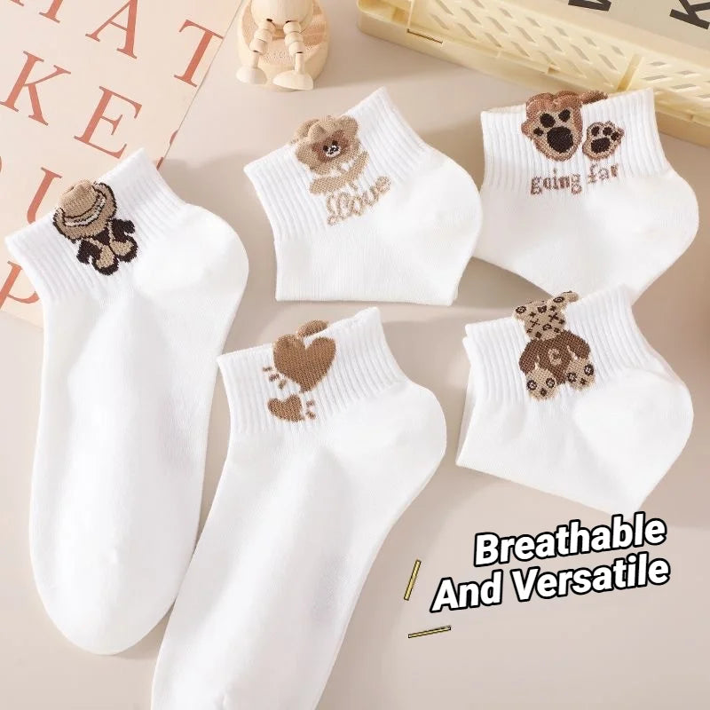 5 paia di calzini da donna con motivo orsetto di peluche, versatili, alla moda, creativi, traspiranti, comodi, casual