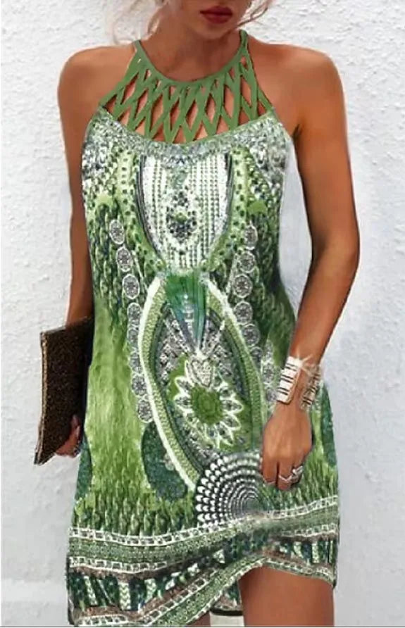 Abito Boho sexy per donna Mini abito da spiaggia Abito alla moda Donna Estate senza maniche Hollow Elegante abito da festa Stampa Vestido 2023