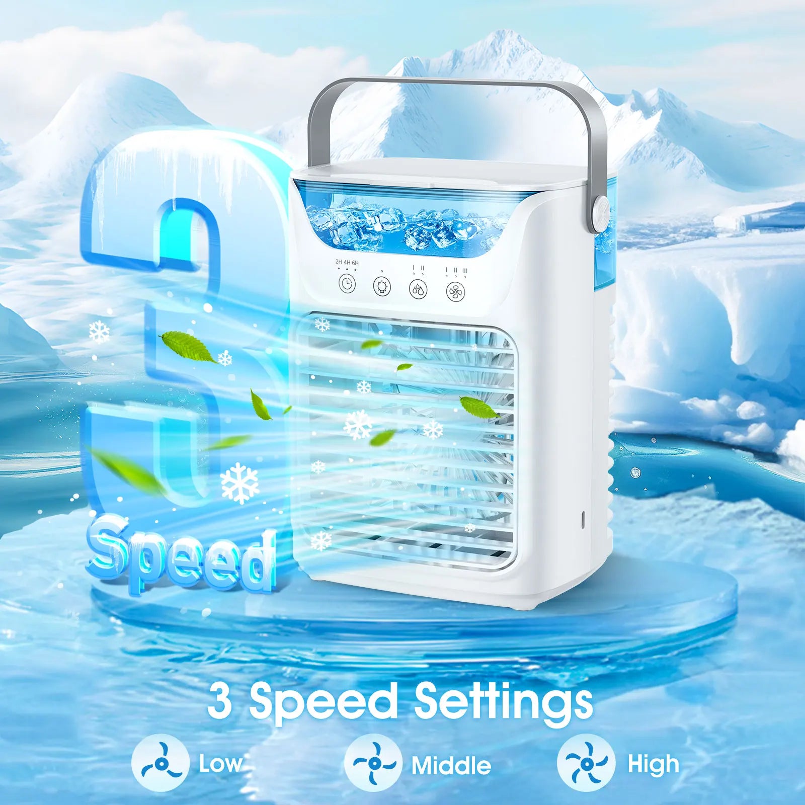 Condizionatore d'Aria Portatile 3-in-1: Mini Ventilatore, Raffreddatore e Umidificatore con Serbatoio d'Acqua da 700 ml e Luce Notturna a 7 Colori, Timer 2/4/6 Ore
