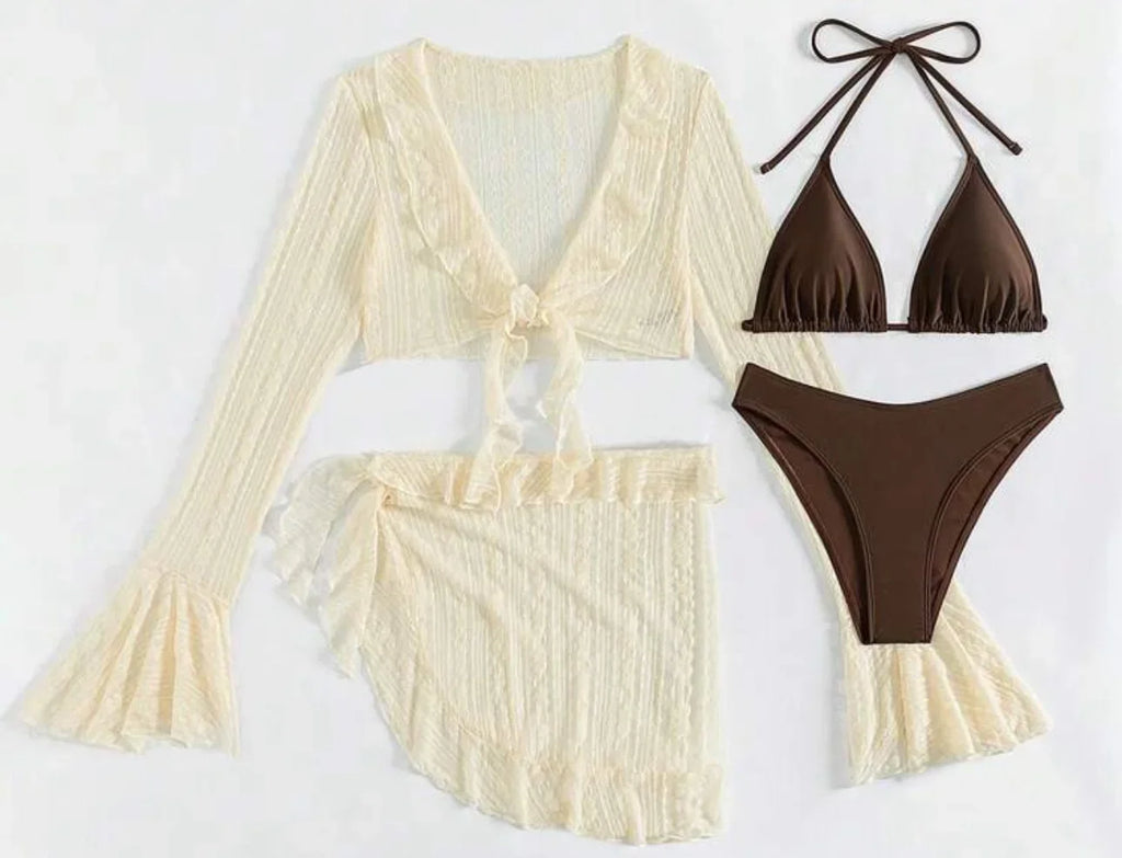 Set bikini da donna in pizzo trasparente con top a triangolo allacciato al collo e gonna da spiaggia con volant - Elegante costume da bagno per le vacanze estive al mare