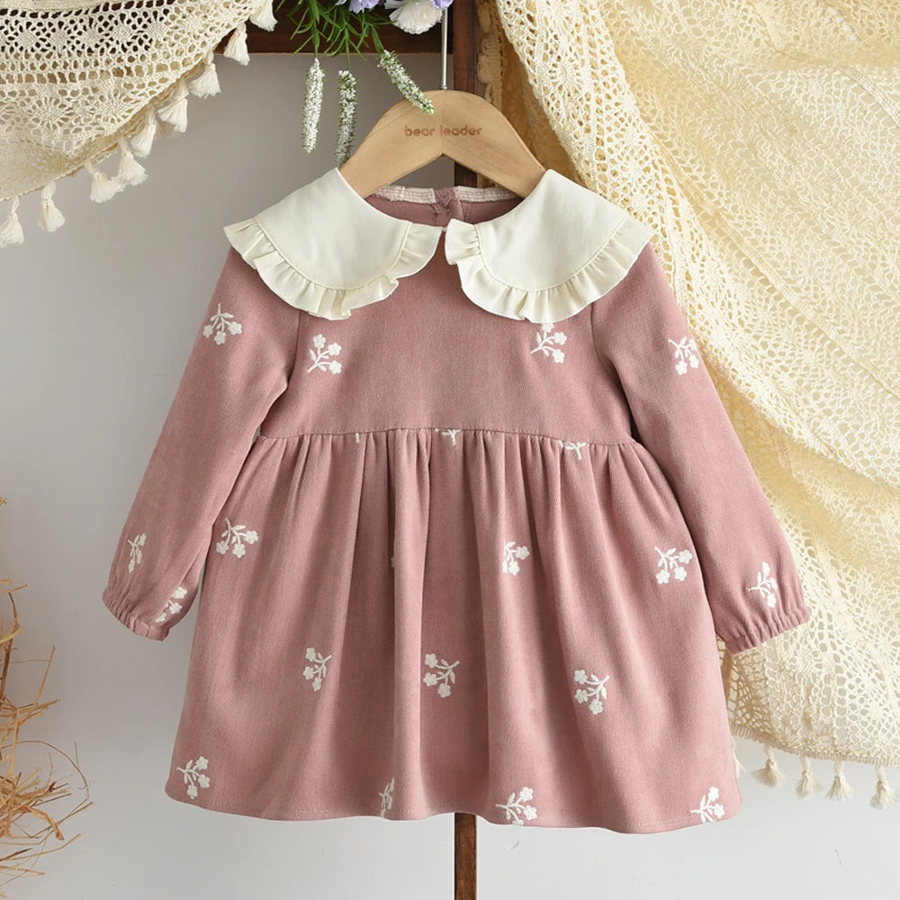 Bear Leader 2025 Nuovo simpatico abbigliamento per bambini 0-3 anni Abito per bambini Autunno Colletto a maniche lunghe Abiti per ragazze di fiori ricamati