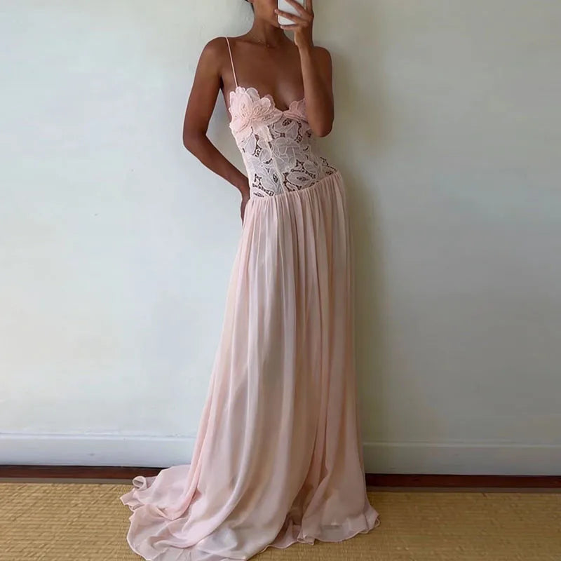 Abito Lungo Estivo Casual in Chiffon con Bretelle, Scollo a V Profondo, Senza Maniche, con Inserti in Pizzo, per Spiaggia e Feste, Primavera Estate