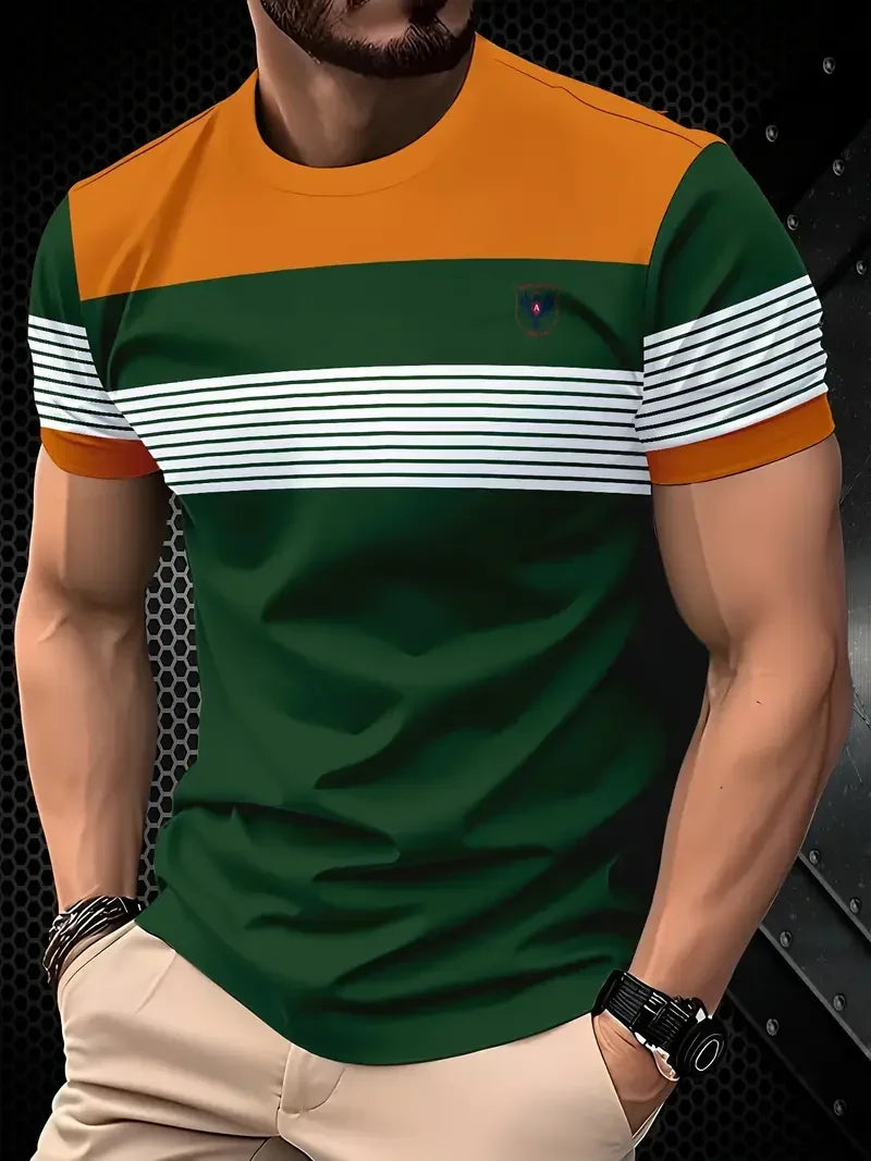T-shirt classica estiva da uomo: top da esterno a maniche corte con scollo tondo e stampa a righe, maglietta da uomo da strada ampia con aggiunta